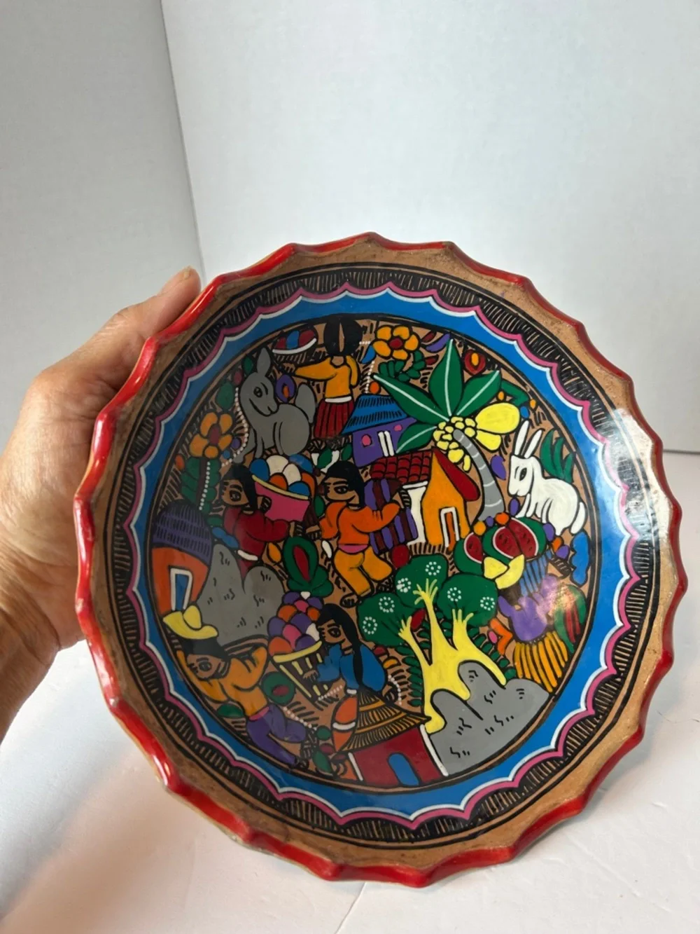 Vtg Mexican Folk Art Pottery Story Bowl Village Harvest Scene Colorful